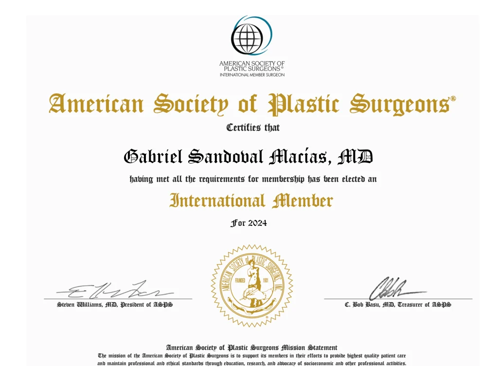Dr. Gabriel Sandoval American Society of Plastic Surgeons membership certificate, 2024