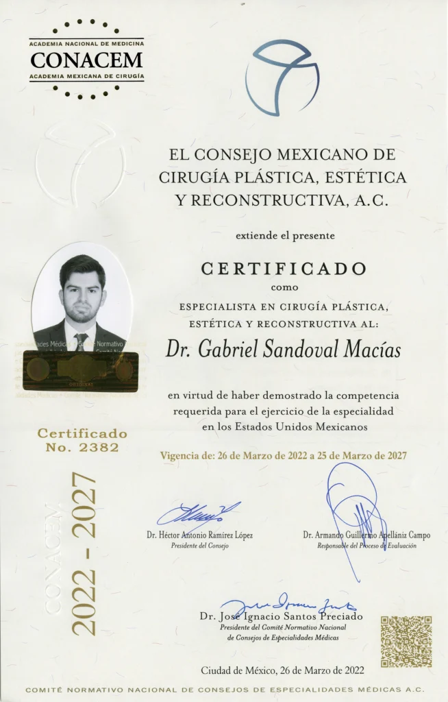 Dr. Gabriel Sandoval board certificate from the Mexican Council of Plastic Surgery