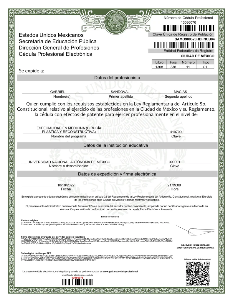 Dr. Gabriel Sandoval specialty license (cédula de especialidad)